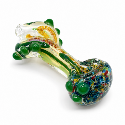 Green Gold Twist Glass Spoon Pipe Multicolor Bowl Marble Accents - 4 inch
