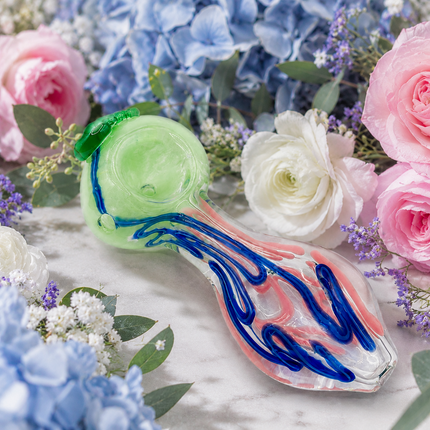 Emerald Wave Blue Pink Swirl Thick Glass Spoon Hand Pipe - 4.5 Inch