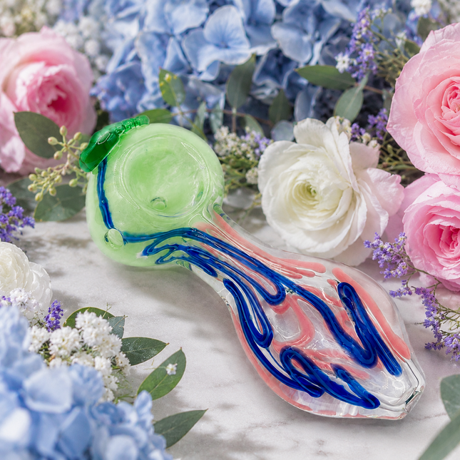 Emerald Wave Blue Pink Swirl Thick Glass Spoon Hand Pipe - 4.5 Inch