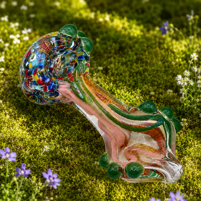 Festival Garden Glass Spoon Pipe with Green Marbles – 4 Inch Hand Pipe