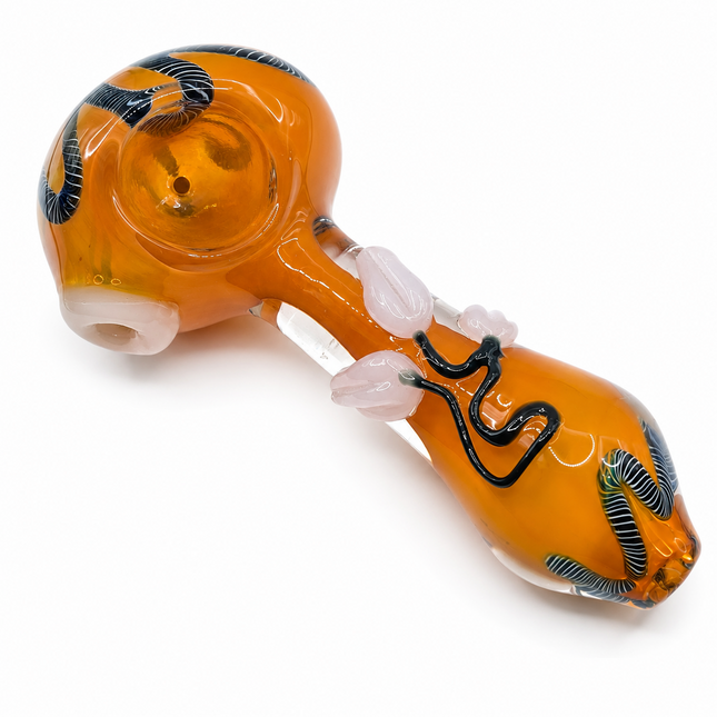 Amber Glass Spoon Pipe White Petal Grips Black Ribbon Accents Hand Pipe 5 Inch