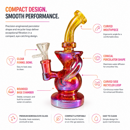 Gold Red Iridescent Compact Glass Water Pipe 14mm 6~6.5 inch