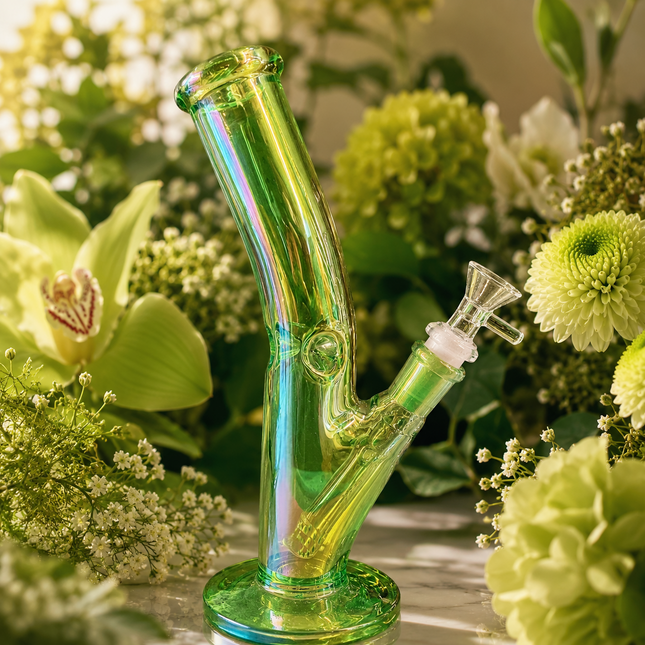 Green Mirror Chrome Bent Neck Glass Water Pipe Removable Bowl 10 inch