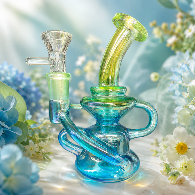 Mini Blue Green Chrome Recycler Glass Bong with Bowl & Loop Handle - 5 inch