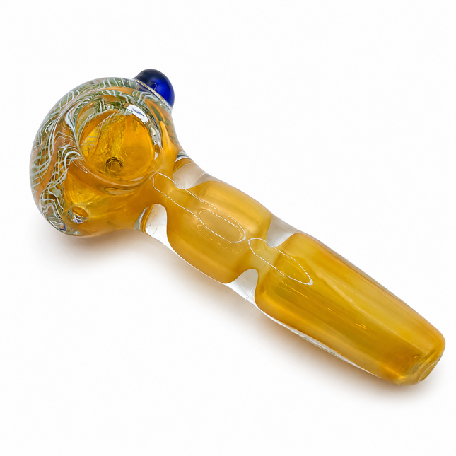 Amber Lace Glass Spoon Pipe with Blue Accent – 4.5 Inch Hand Pipe
