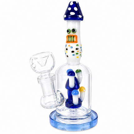 Navy Glass Bong with Whimsical Mushroom Percolator & Bowl - 7.5 inch