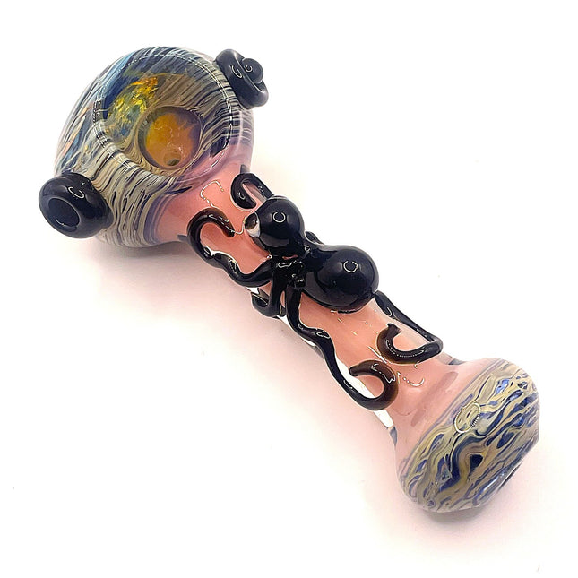 Pink Spider Glass Spoon Pipe with Marbled Ends – 5 Inch Hand Pipe Deep Bowl