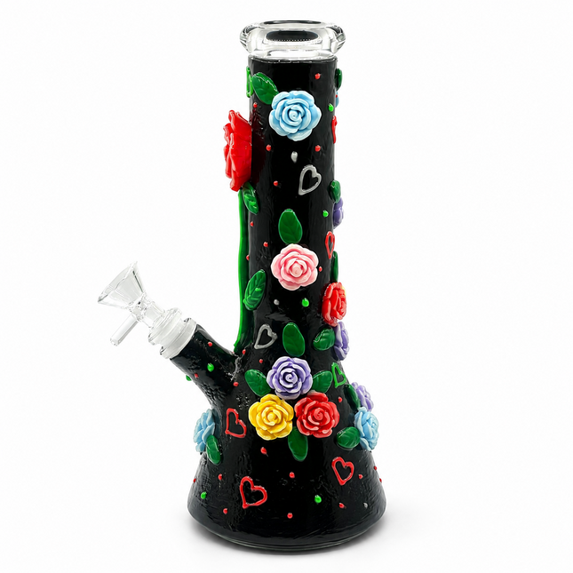 [Glow in the Dark] Midnight Bloom Rose Black Beaker Hookah - 10 Inch