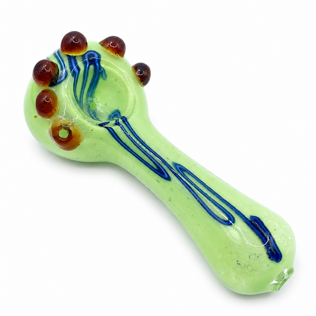 Milky Green Palm Glass Spoon Pipe with Blue Swirl & Amber Marble Accents - 4.5"