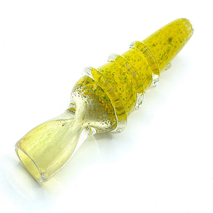 Lemon Yellow Ribbed Glass Chillum Pipe with Clear Mouthpiece – 3 Inch One Hitter