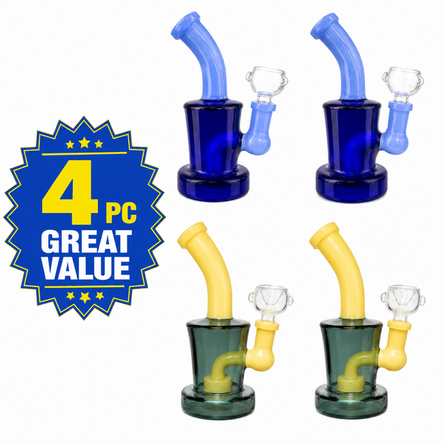 [4PC Bundle] Blue/Light Blue + Dark Gray/Yellow Mini Glass Water Pipe Set
