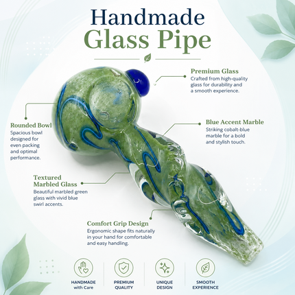 Moss Green Twist Glass Spoon Pipe with Blue Swirl & Marble Accent - 4.5 inch