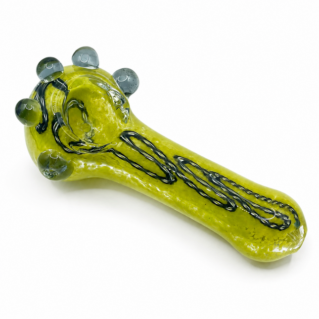 Moss Green Black Swirl Glass Spoon Pipe with Smoke Marble Accents - 4.5 inch