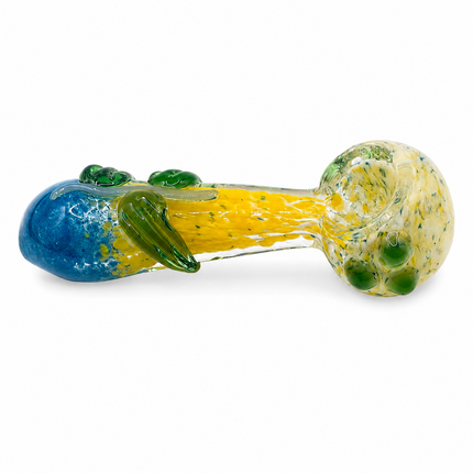 Yellow Blue Confetti Glass Spoon Pipe with Green Leaf Accents -  4 inch