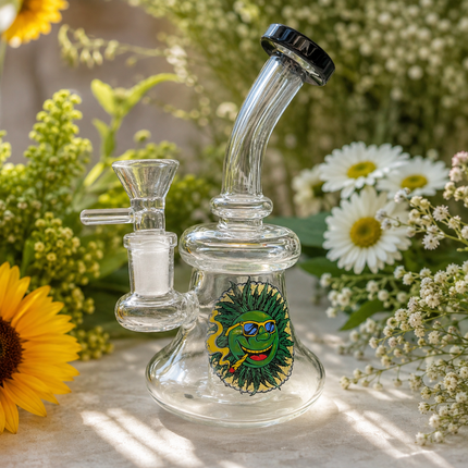 Black Accent Green Sun Face Bubbler Tri Beaker Glass Water Pipe 14mm - 6 inch