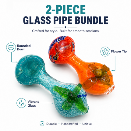 [2PC Bundle] Aqua Sunset Garden Bloom Glass Hand Pipes Assorted Colors 4 Inch