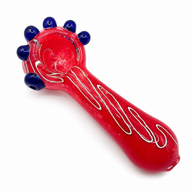 Crimson Red Palm Glass Spoon Pipe White Swirl Blue Marbles - 4.5 inch