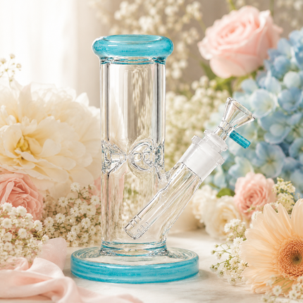 Light Blue Accent Straight Tube Glass Water Pipe Ice Catcher Downstem 10 inch