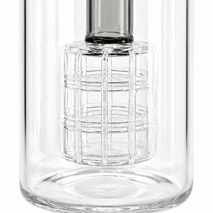 Clear glass water pipe or bong with a textured inner chamber and a dark gray glass top, shown against a plain white background.