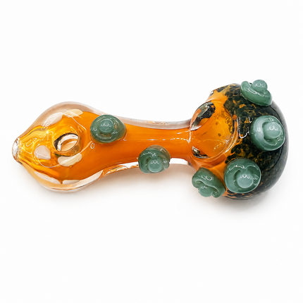 Amber Fumed Glass Spoon Pipe with Sage Green Flower Marbles - 5 Inch