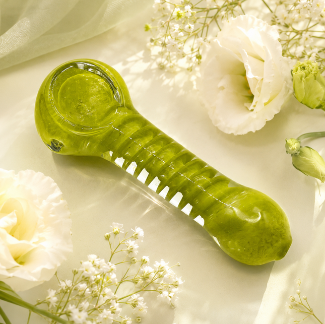 Moss Green Glass Spoon Pipe with Twisted Stripe Design - 4.5 inch