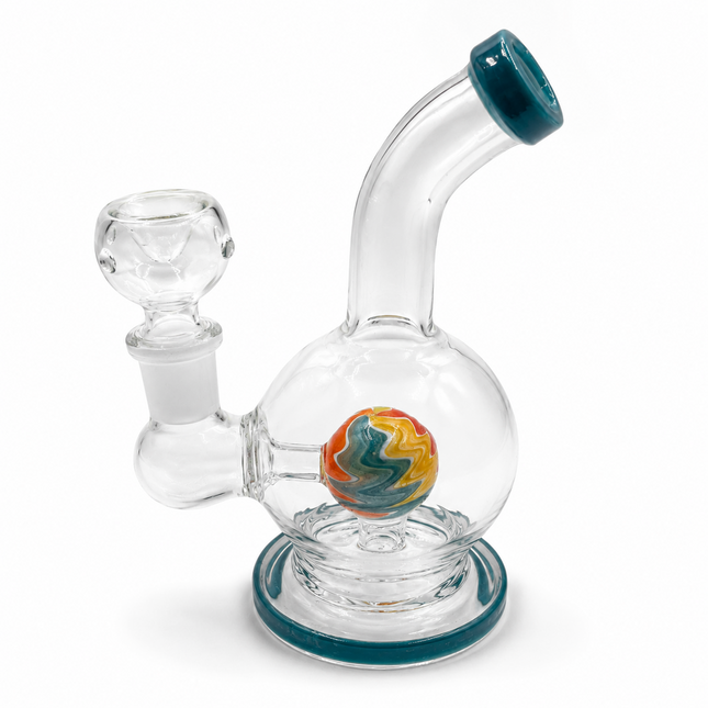 Teal Orb Perc Mini Glass Water Pipe – 6–6.5 Inch Round Bong with Bowl