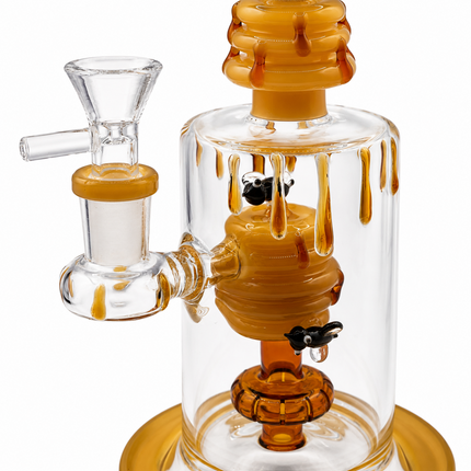 Honey Beehive Percolator 14mm Glass Bong Bent Neck Bee Design - 10 inch