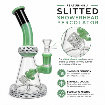 Green Black Wave Glass Water Pipe Cage Percolator Bent Neck 9 inch