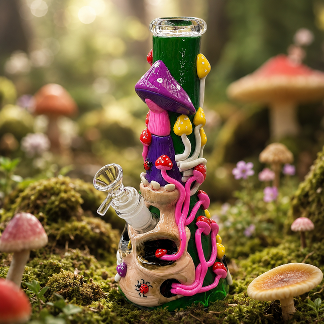 Mushroom Skull Glass Beaker Water Pipe Tobacco Hookah - 10 Inch