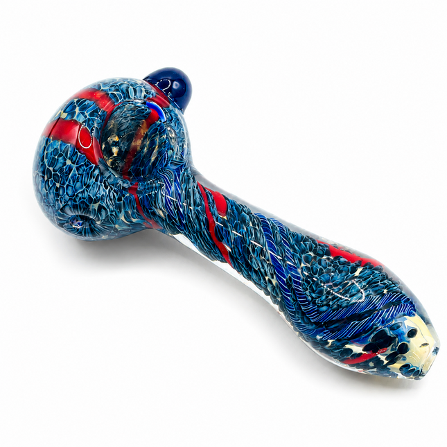 Sapphire Blue Crimson Web Twist Glass Spoon Pipe with Marble Accent - 4.5 inch