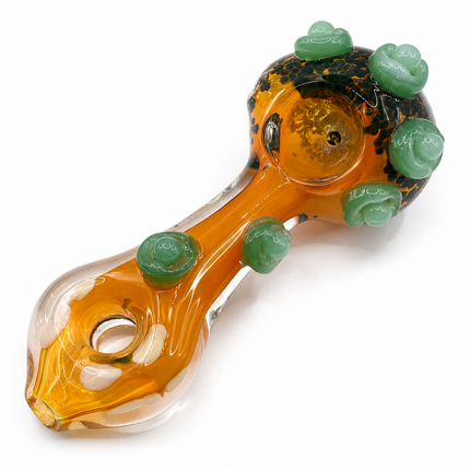 Amber Fumed Glass Spoon Pipe with Sage Green Flower Marbles - 5 Inch