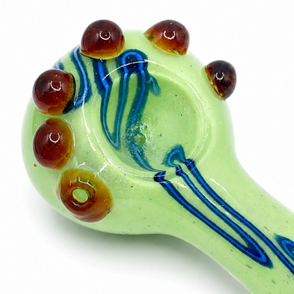 Milky Green Palm Glass Spoon Pipe with Blue Swirl & Amber Marble Accents - 4.5"