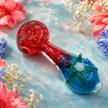 Red Blue Glass Spoon Pipe with Green Starfish Accent - 4 inch