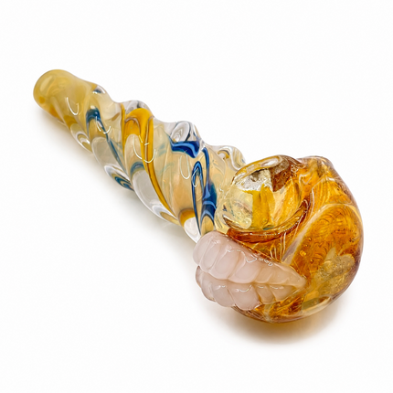 Topaz Blue Conch Twist Glass Spoon Pipe with White Marble Accents - 4 inch