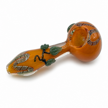 Amber Glass Spoon Pipe with Green Leaf Grips – 5 Inch Hand Pipe