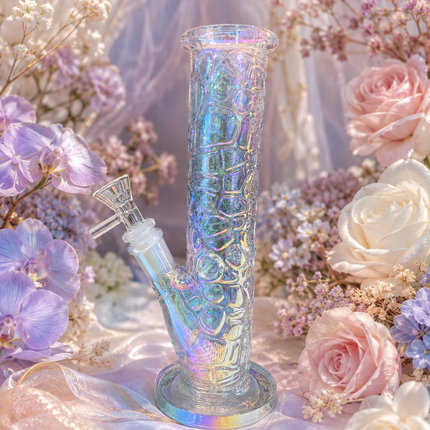 Prism Chrome Crystal Iridescent Textured Straight Tube Glass Bong 14mm – 12 inch