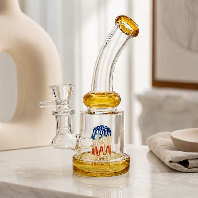 Amber Tricolor Perc Mini Glass Water Pipe – 6–6.5 Inch Clear Bong with Bowl