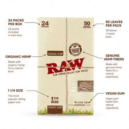 RAW Organic Hemp 1 1/4 Rolling Papers Box – 24 Packs, 50 Leaves Per Pack