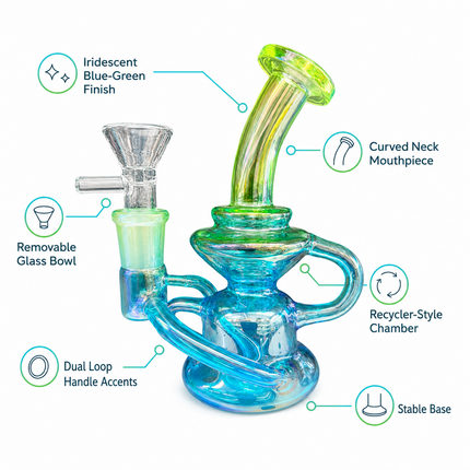 Mini Blue Green Chrome Recycler Glass Bong with Bowl & Loop Handle - 5 inch