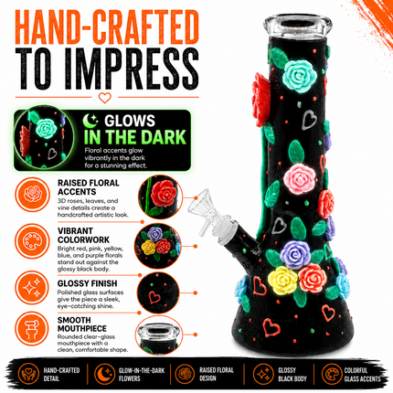 [Glow in the Dark] Midnight Bloom Rose Black Beaker Hookah - 10 Inch