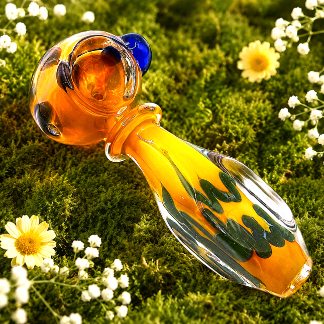 Honey Green Riddler Glass Spoon Pipe with Carved Grip – 4 Inch Deep Bowl