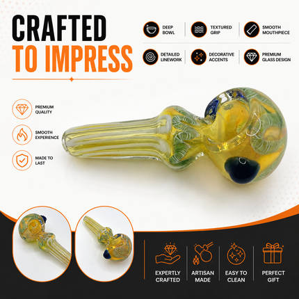 Lemon Grove Glass Spoon Pipe – 4 Inch Yellow Hand Pipe White Stripe Blue Accent