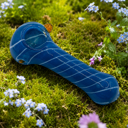 Ocean Blue White Spiral Glass Spoon Pipe with Amber Accent – 4.5 Inch Hand Pipe