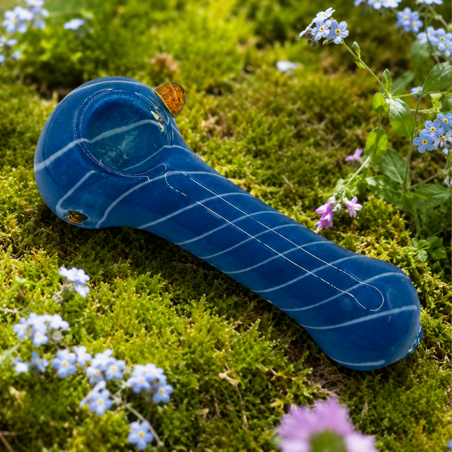 Ocean Blue White Spiral Glass Spoon Pipe with Amber Accent – 4.5 Inch Hand Pipe