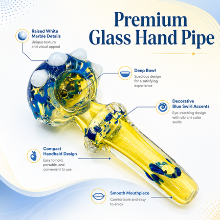 Pale Yellow Blue Gobblin Glass Spoon Pipe with White Marble Accents - 4.5 inch