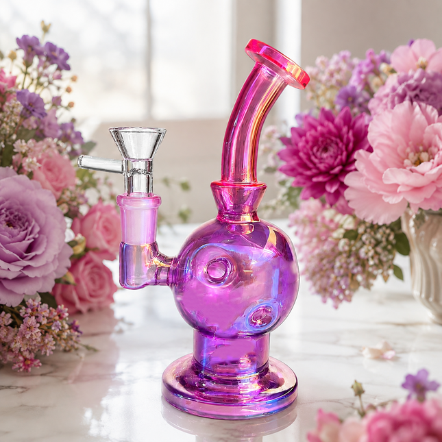 Pink Purple Iridescent Orb Glass Water Pipe 14mm Bowl Curved Neck 7.5 inch