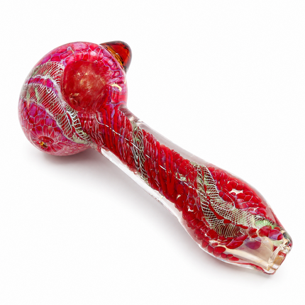 Crimson Red Silver Web Twist Glass Spoon Pipe Amber Marble Accent - 4.5 inch