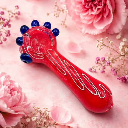 Crimson Red Palm Glass Spoon Pipe White Swirl Blue Marbles - 4.5 inch