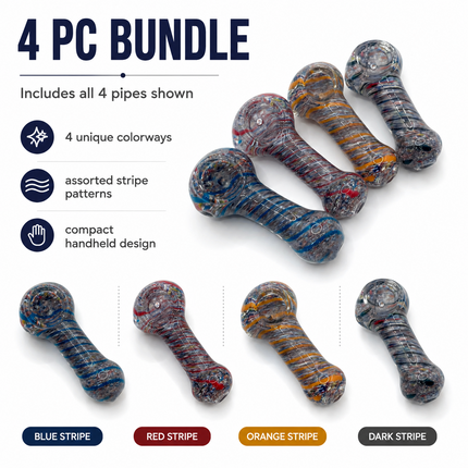 4 PC Glass Spoon Hand Pipe Multicolor Spiral Stripe Assorted Designs - 3 inch