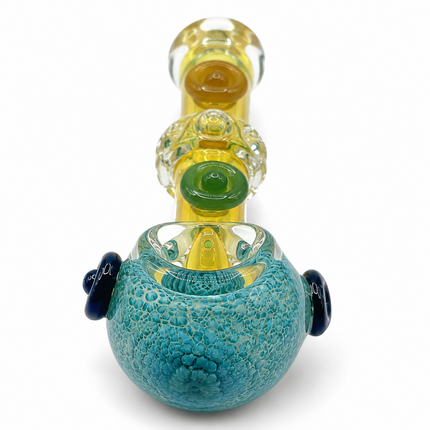 Aqua Frit Fumed Glass Spoon Pipe with Green Amber Dot Accents - 5 Inch